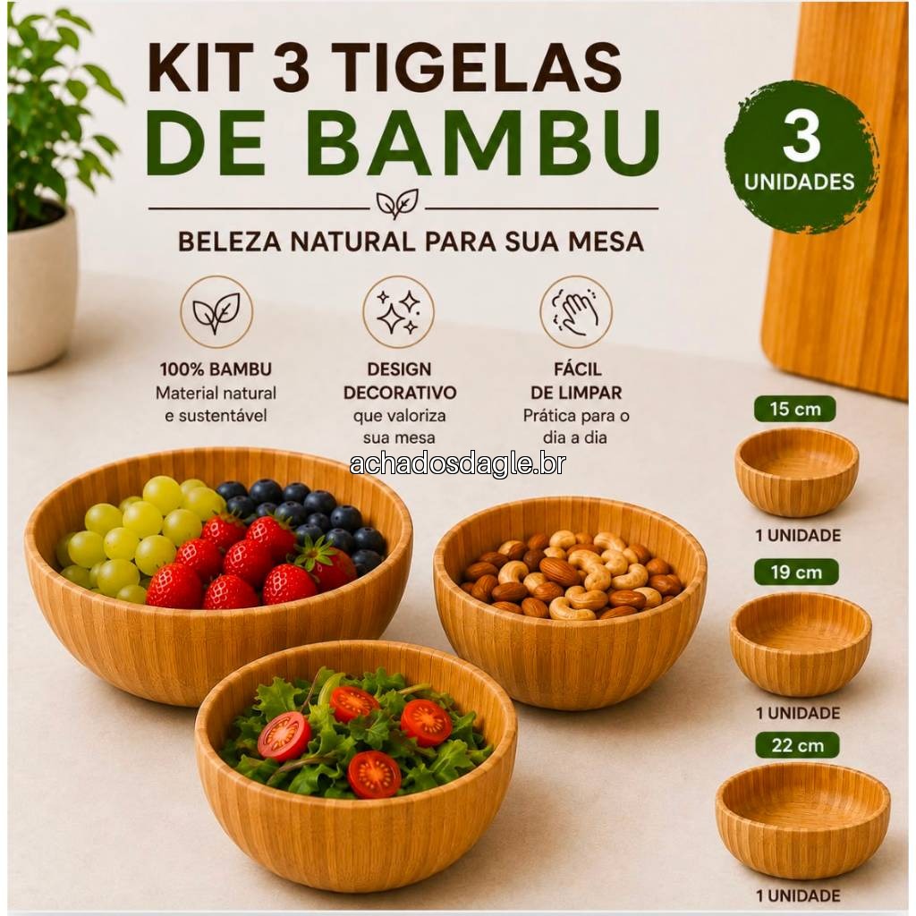 Kit 3 Bowl Tigela Saladeira Fruteira Redondo Bambu Canelado