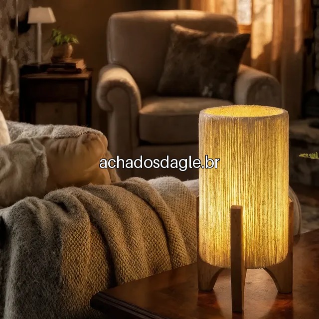 Abajur De Mesa Rústico Com Cúpula Sisal Pés De Madeira 39cm Marrom Palha 127/220v