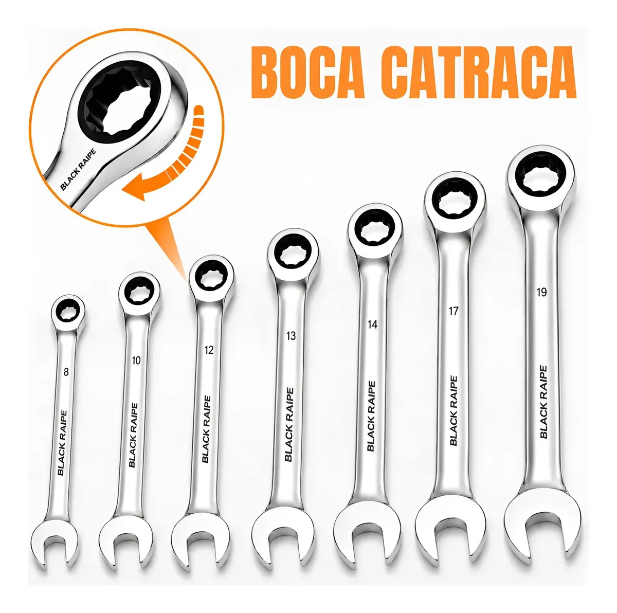 Jogo de Chaves Combinadas com Catraca 7 Peças 8 a 19mm Aço Cromo Vanádio com Estojo