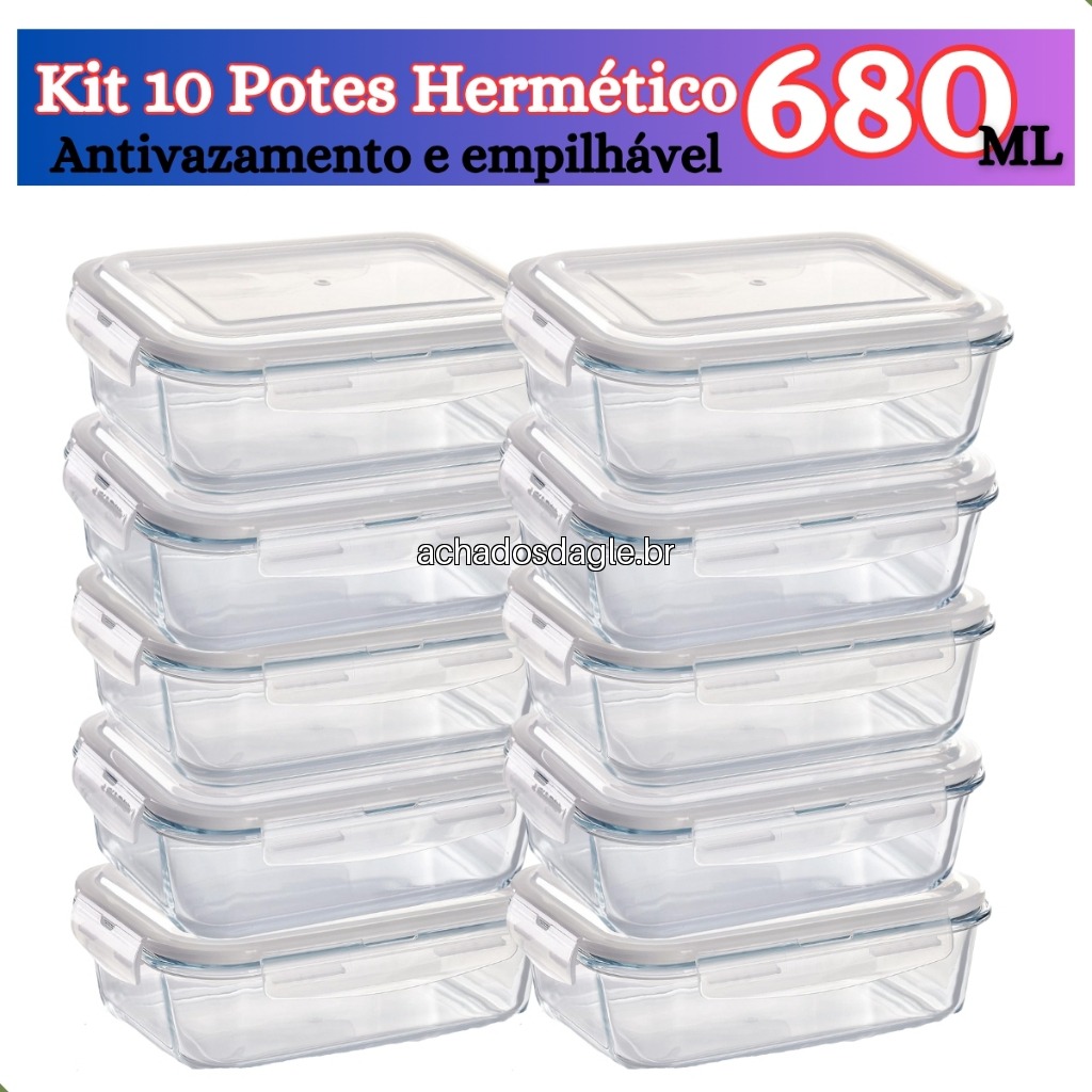 Kit 6 a 12 Potes de Vidro Herméticos 640ml com Tampa 4 Travas