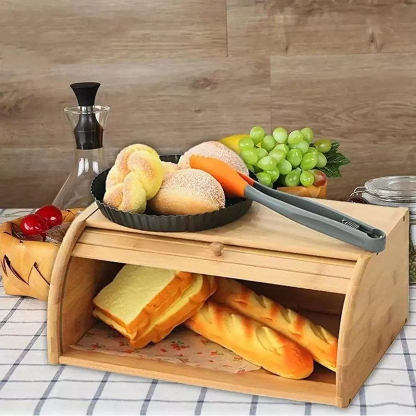 Porta Pães com Tampa Retrátil de Bambu