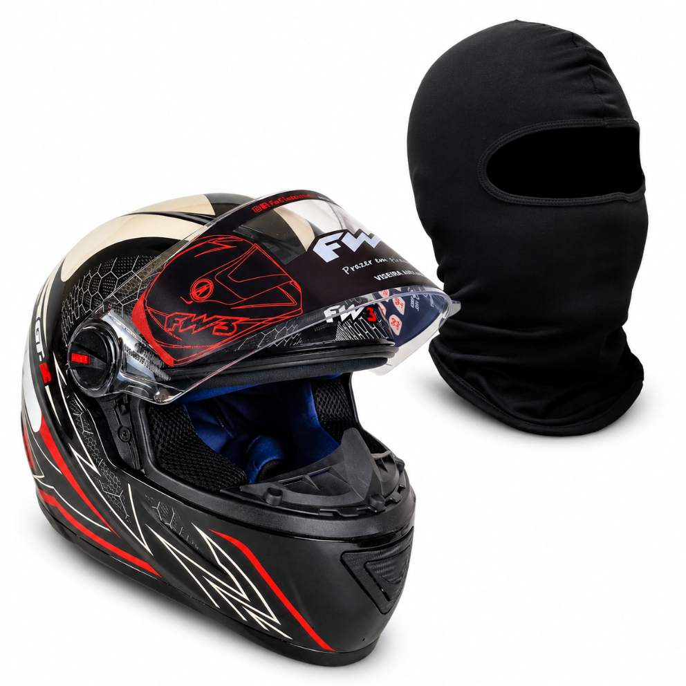 Capacete FW3 Motoboy Combo Frio com Balaclava GT2 Preto e Vermelho Brilhante