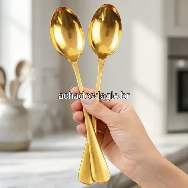 Kit 2 Colheres De Arroz Multiuso Dourada Grande 26cm Lyor Dourado
