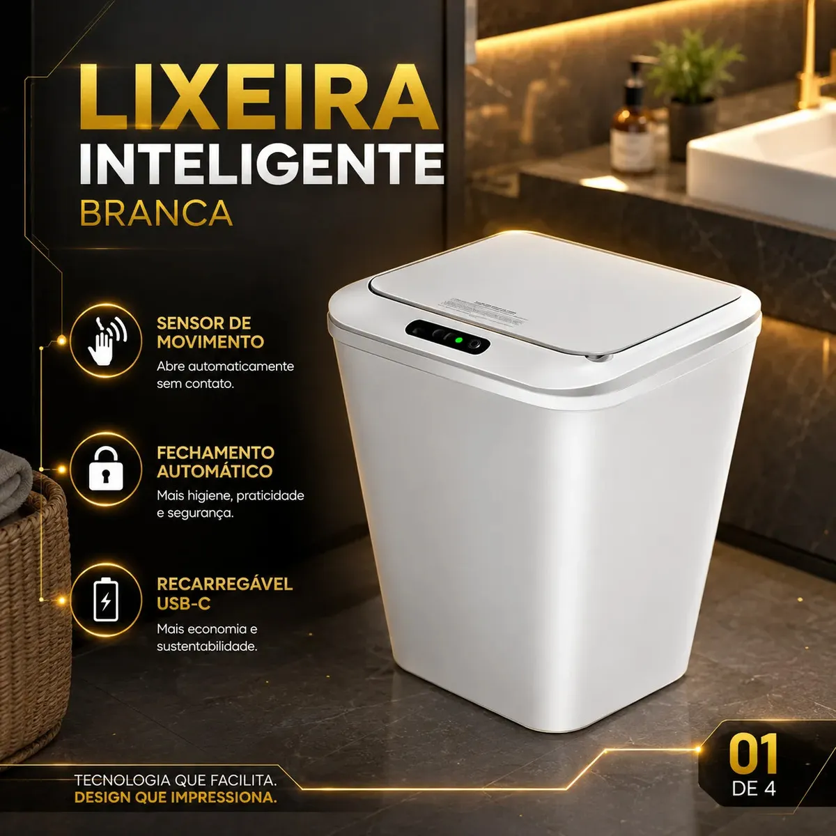 Lixeira Inteligente Automatica Branca com Sensor e Recarregavel 16L