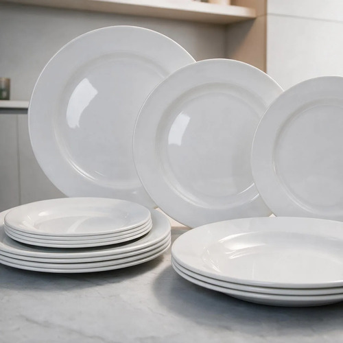 Aparelho de Jantar 12 Peças Melamina Pozzani Louças Náuticas Branco Liso