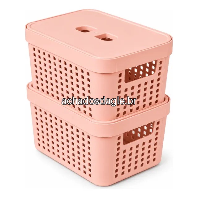 Kit 2 Caixas Organizadoras com Tampa 2L Rosa Rattan
