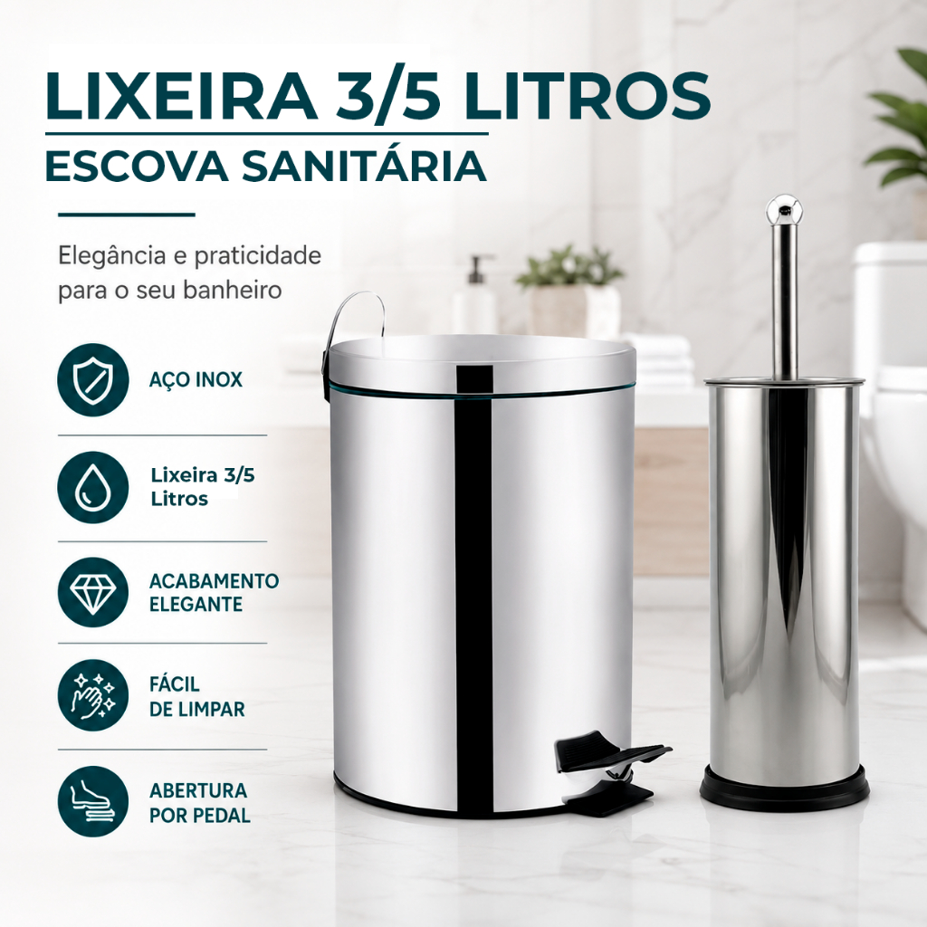 Lixeira 3/5L Escova Sanitária para Banheiro Inox