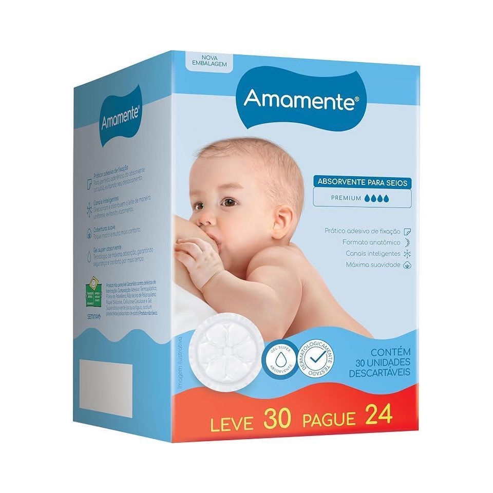 Absorvente para Seios Descartável Amamente 30 Unidades