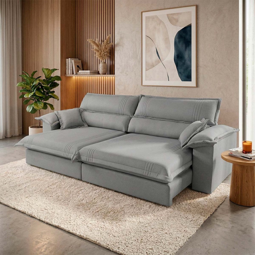 Sofa Retratil Reclinavel 2,30m Nivus Cinza com Molas Ensacadas King House
