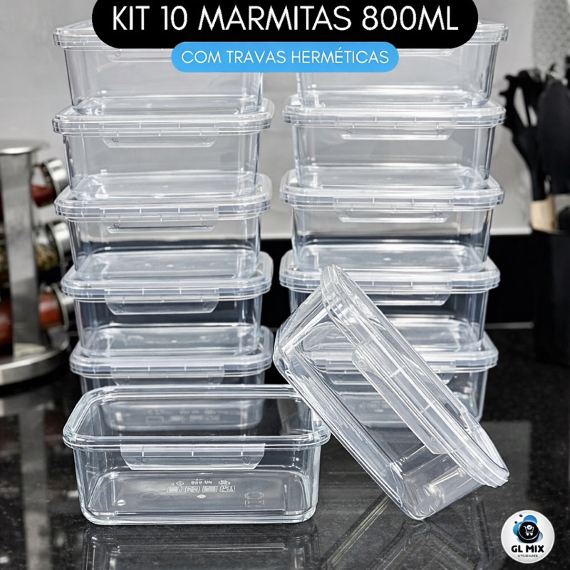 Kit 10 Potes Marmitas Travas Laterais 800ml Herméticos BPA Free
