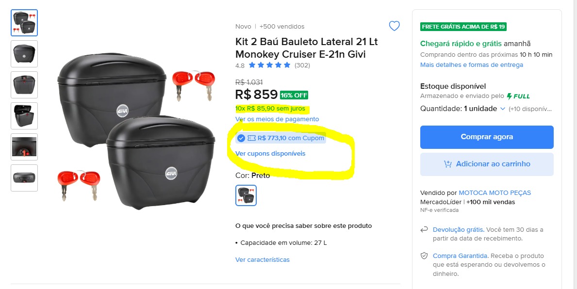 Kit 2 Baús Bauletos Laterais 21 Litros Monokey Cruiser E-21n Givi