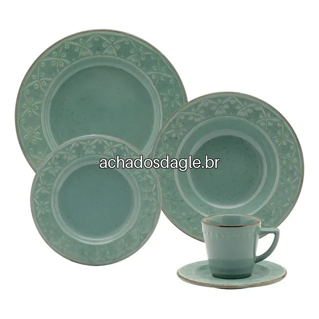 Aparelho de Jantar e Chá 20 Peças Oxford Mendi Malaquita Verde Liso com Textura