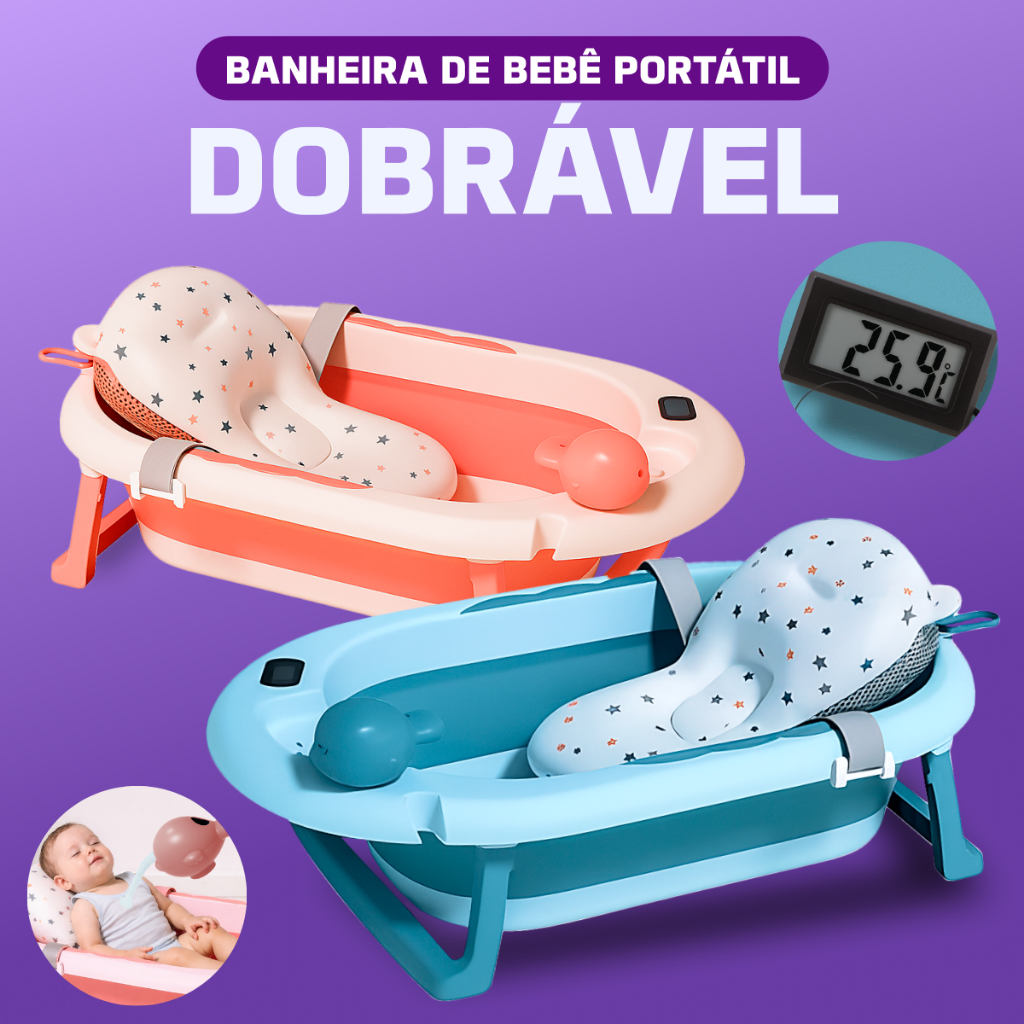 Banheira Dobrável Infantil com Termômetro Digital, Almofada e Chuveirinho