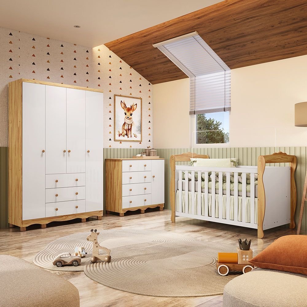 Quarto de Bebê Completo Berço 3 em 1, Cômoda e Guarda Roupa MDF Nina