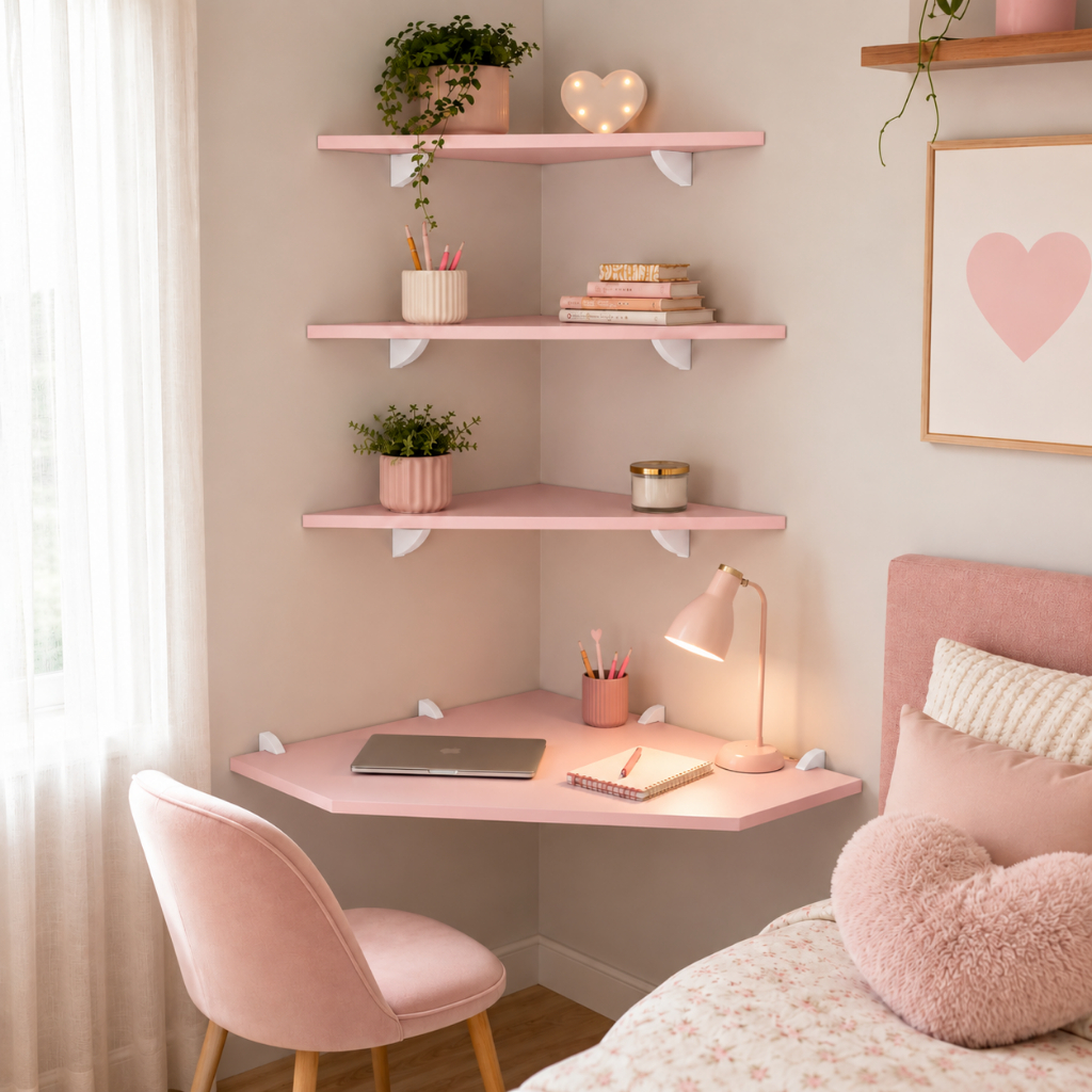 Kit Mesa Rosa Escrivaninha de Canto 3 Prateleiras MDF 15mm