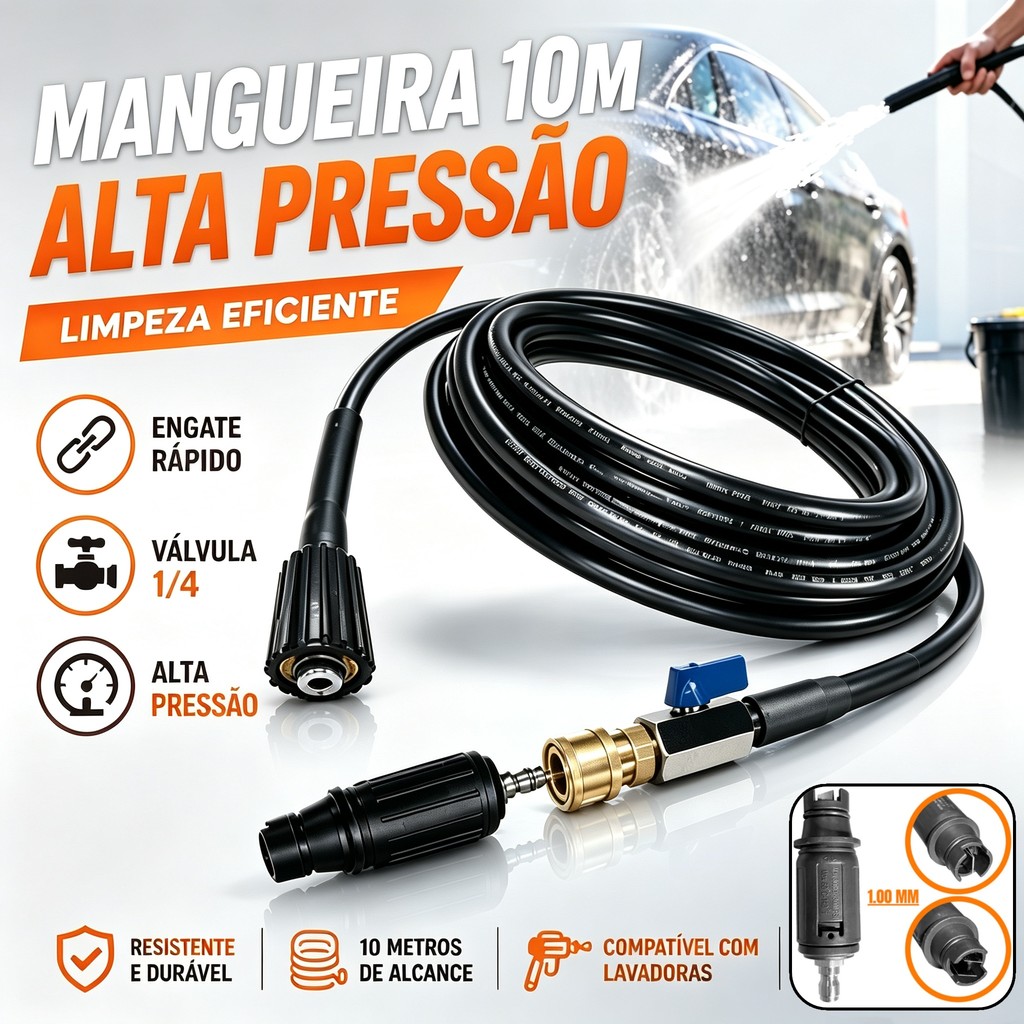 Engate Rápido com Mangueira Alta Pressão 10m Válvula de Corte 1/4