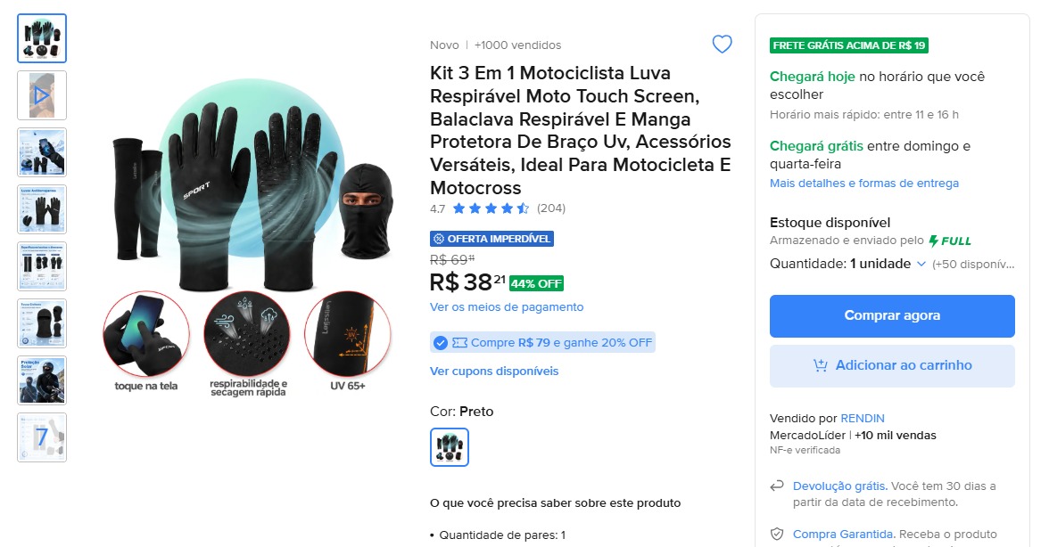 Kit 3 em 1 Motociclista Luva Touch Screen, Balaclava e Manga UV