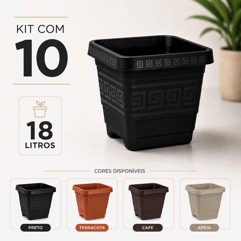 Kit 10 Vasos 18L Plásticos Resistente Plantas Jardim Jardinagem Preto Terracota Grande