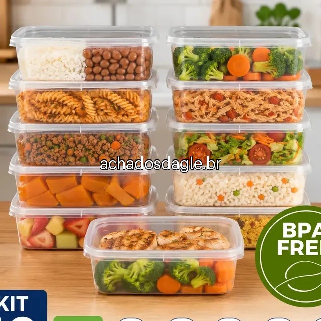 Kit 10 potes hermeticos retangulares para marmita de 1l reutilizaveis e livres de bpa