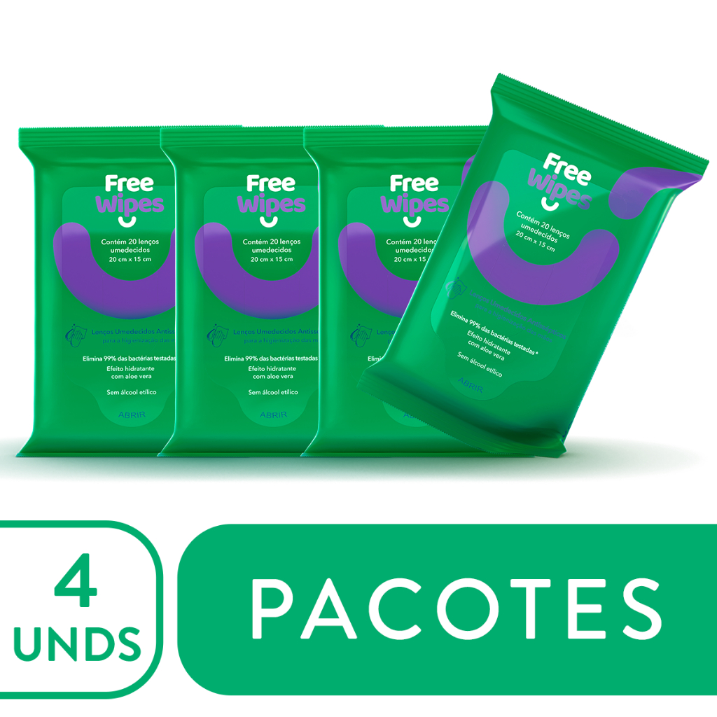 Kit 4 Lenços Umedecidos Antissépticos Free Wipes
