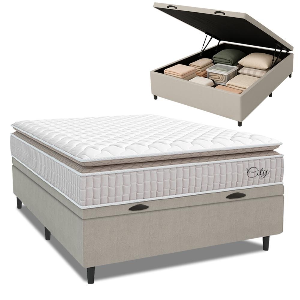 Cama Box Baú com Colchão Casal Molas Ensacadas City Pillow Top 138x188x64cm