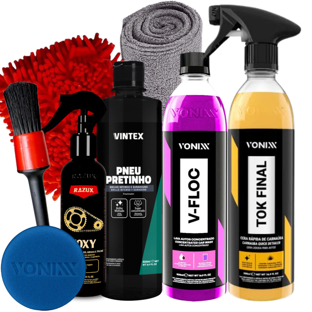Kit Limpeza Automotiva para Moto Vonixx com Cera, Shampoo, Desengraxante e Pretinho