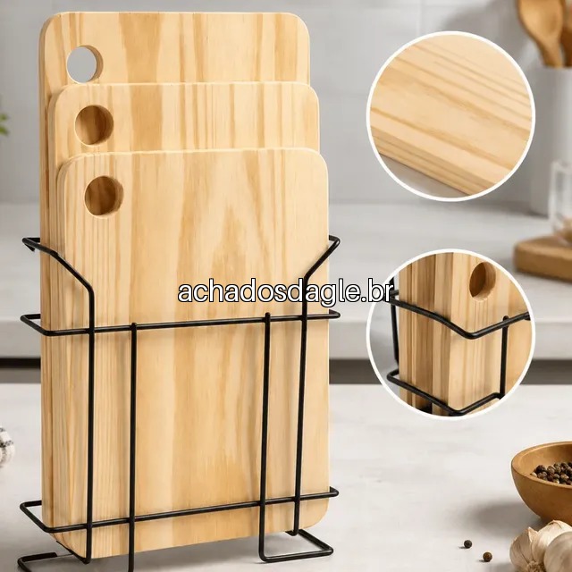 Kit 3 Tábuas de Corte para Carne em Madeira Pinus com Suporte