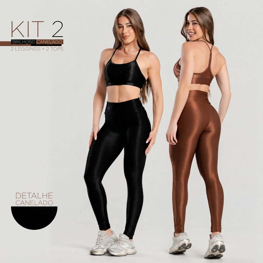 Kit 2 Conjuntos Fitness Tops + Leggings Brilhosas