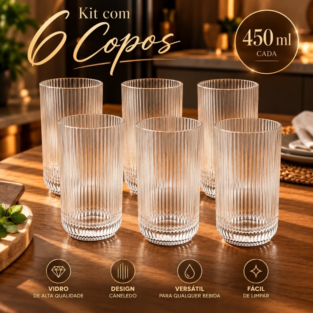 Jogo 6 Copos de Vidro Canelado 450ml