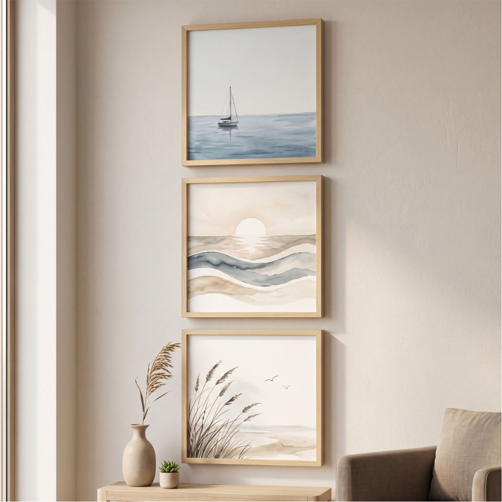 Kit Quadros Natureza Serena 20x20 e 30x30 com Moldura Madeira