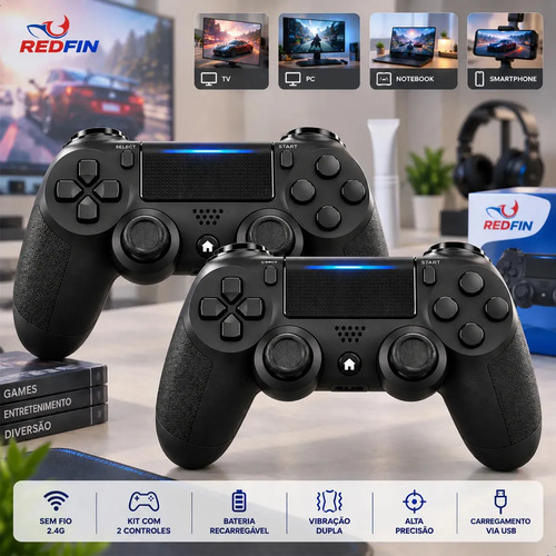 Kit 2 Controle Para Ps4 Sem Fio Redfin