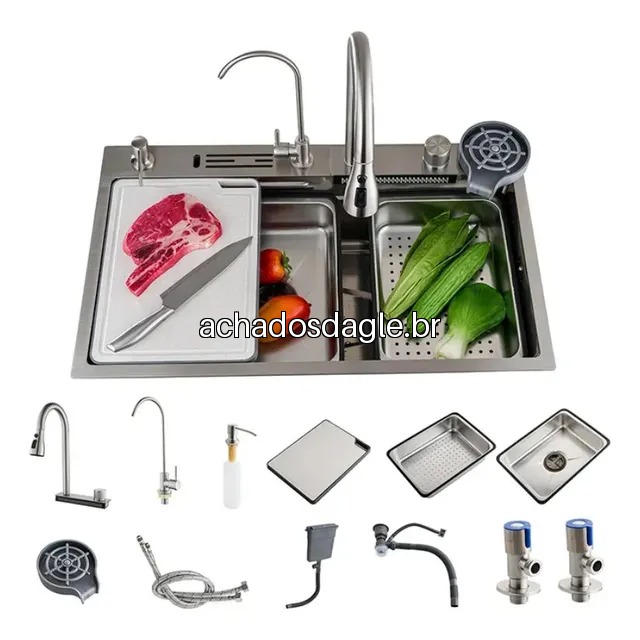 Cuba Cascata Premium com Acessórios e Torneira Monocomando Inox 304 Prata Widna