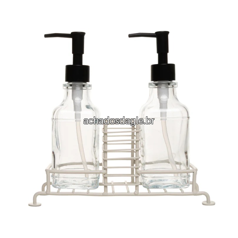 Porta Sabonete Líquido Duplo com Suporte para Esponja 280ml Preto Vidro Lyor