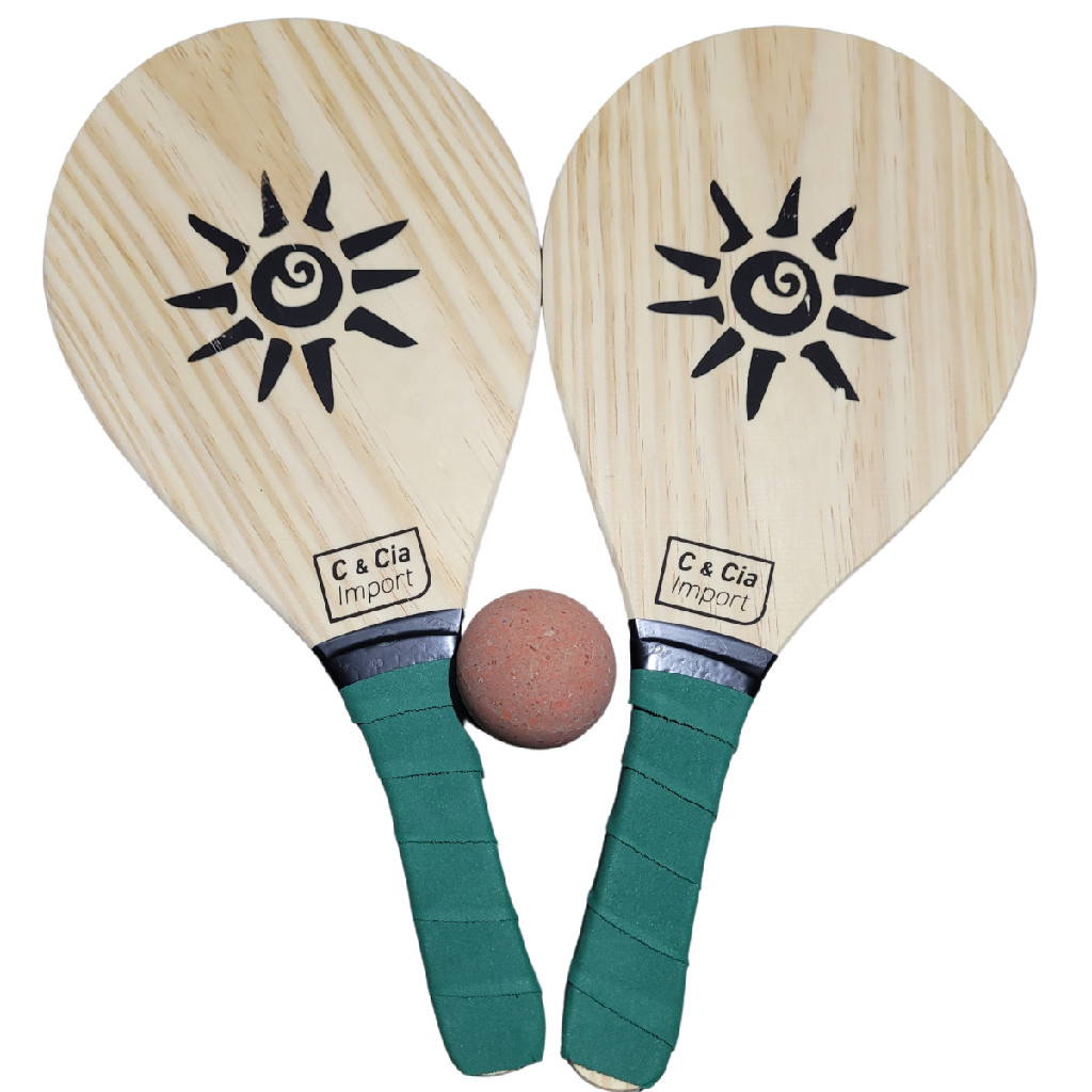 Kit Jogo Frescobol Tenis de Praia 2 Raquetes de Madeira e Bola