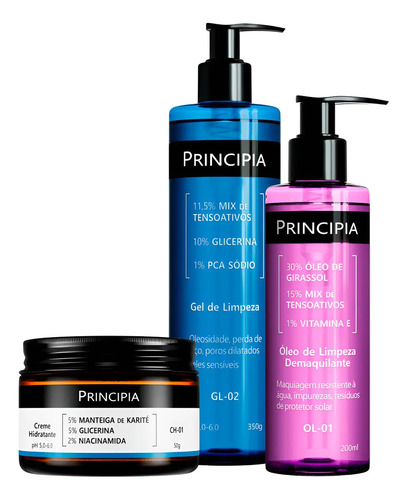 Kit Principia com Creme Hidratante, Gel e Óleo de Limpeza