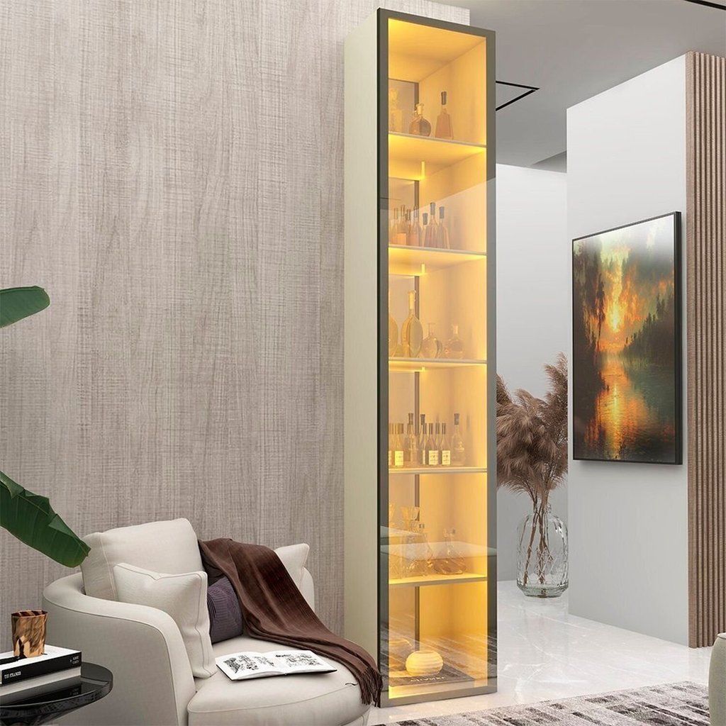 Cristaleira 1 Porta Reflecta com Fita LED e Espelho 100% MDF Luminare Bege/Off White