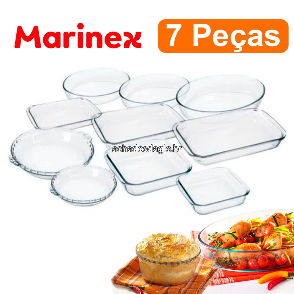 Kit Conjunto Marinex 7 peças Travessas e Assadeiras de Vidro Temperado