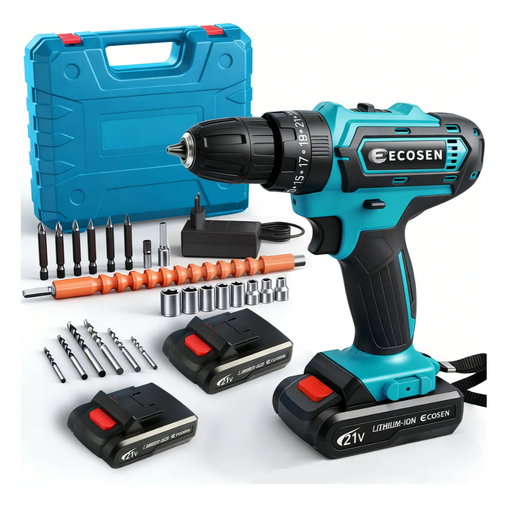Parafusadeira e Furadeira de Impacto Sem Fio 21V Kit Maleta 28 Pecas