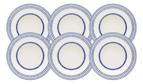 Jogo de Pratos Fundos Cerâmica Grano Branco e Azul Geométrico Kit 6 Peças 21cm