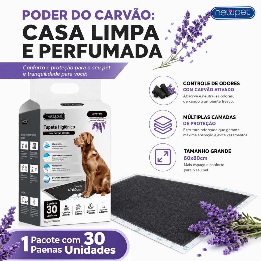 Tapete Higiênico Cães Carvão Bambu Ativado Aroma Lavanda 30 Unidades Absorvente Anti Odor Tamanho 60x60cm / 80x60cm | Shopee Brasil