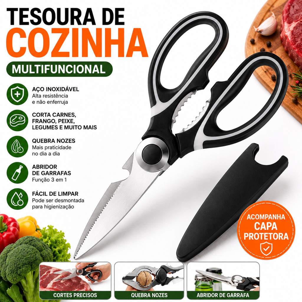 Tesoura de Cozinha Multifuncional Aço Inox com Capa