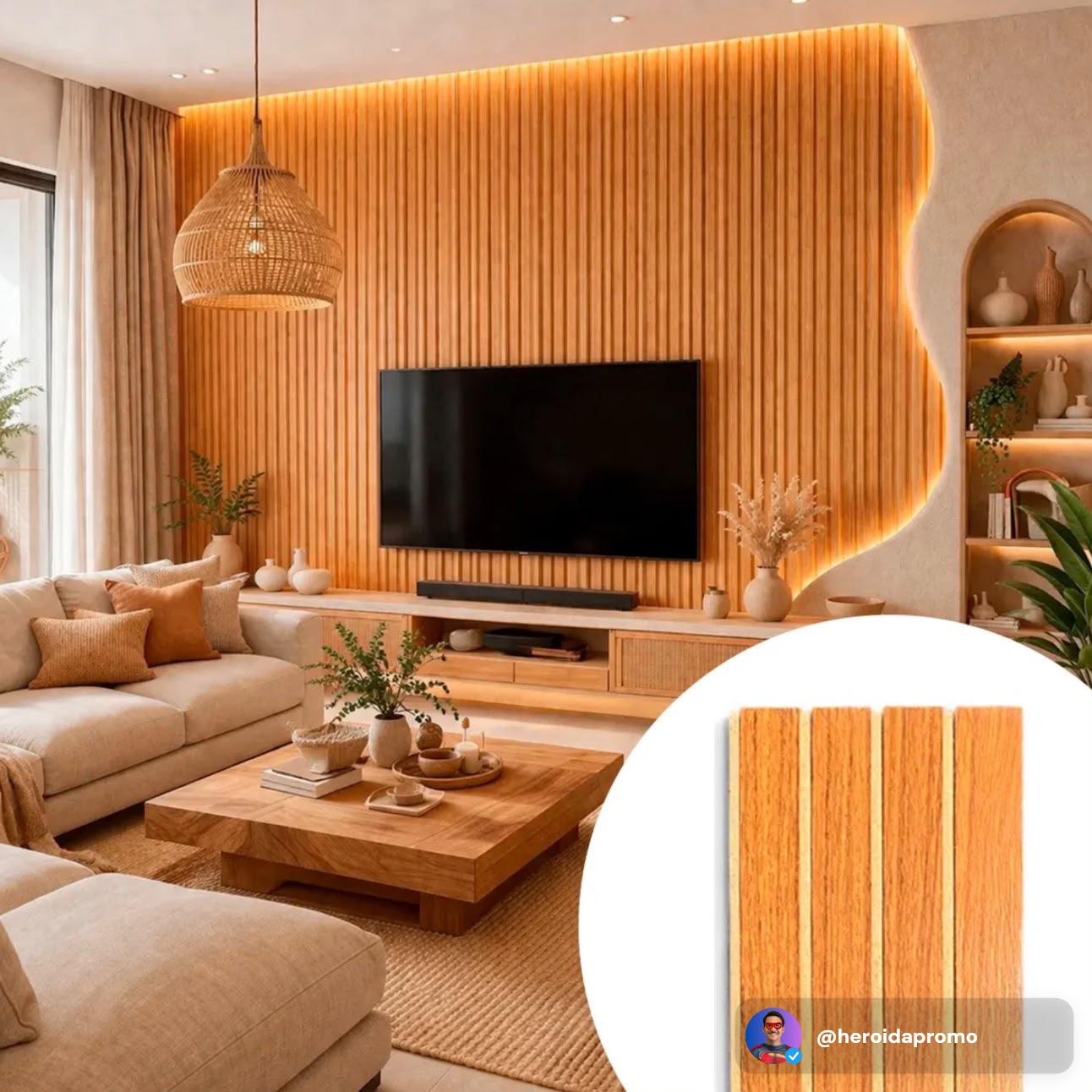 Kit com 30 Placas 3D Decorativas Ripadas MDF Autocolantes Freijo