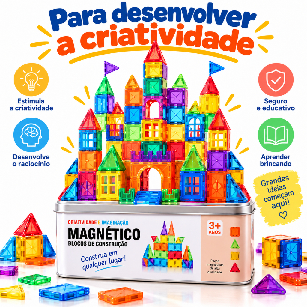 Kit Brinquedo Blocos Magnéticos de Construção com Estojo Metálico