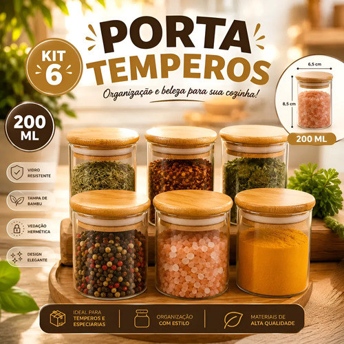 Kit 6 Potes de Vidro Porta Temperos Herméticos com Tampa de Bambu