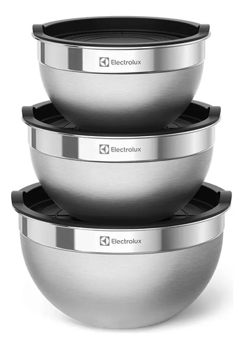 Conjunto 3 Bowls Inox com Tampa Plástica Electrolux