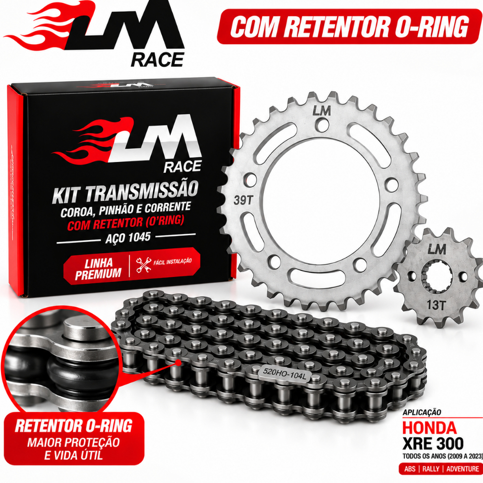 Kit Relação Transmissão Honda XRE 300 Com Retentor Kit Premium Lm Race Aço 1045 Reforçado Corrente Coroa Pinhão | Shopee Brasil