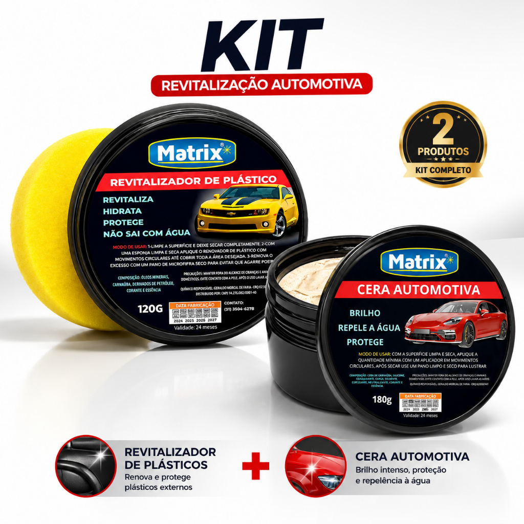 Kit Revitalizador de Plástico para Choque e Cera Automotiva Brilho Intenso
