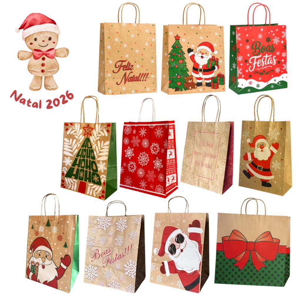 Kit 10 Sacolas de Papel Kraft Natalinas Diversos Tamanhos