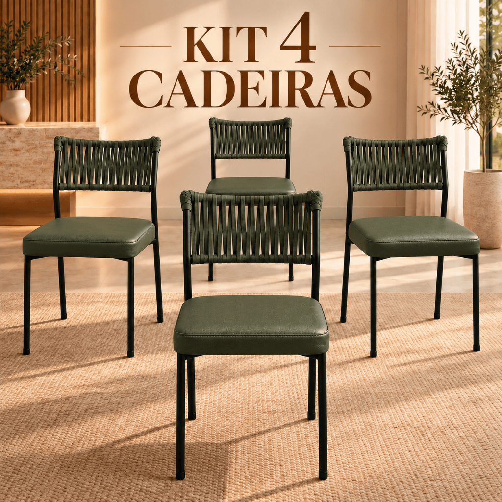 Kit 4 Cadeiras para Sala de Jantar Atena Estofadas com Encosto em Trico Nautico