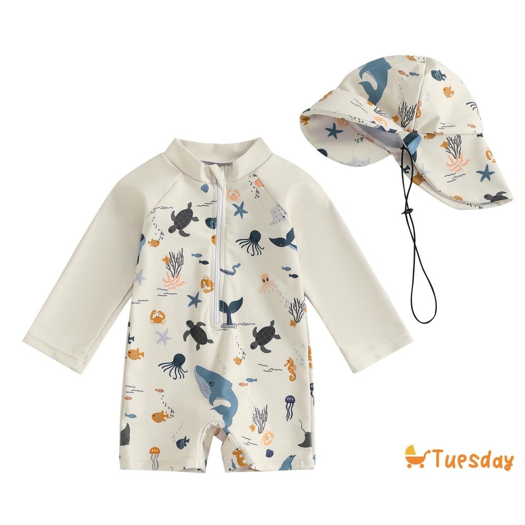 Conjunto Roupa de Banho Infantil Manga Longa com Chapéu Animal Marinho
